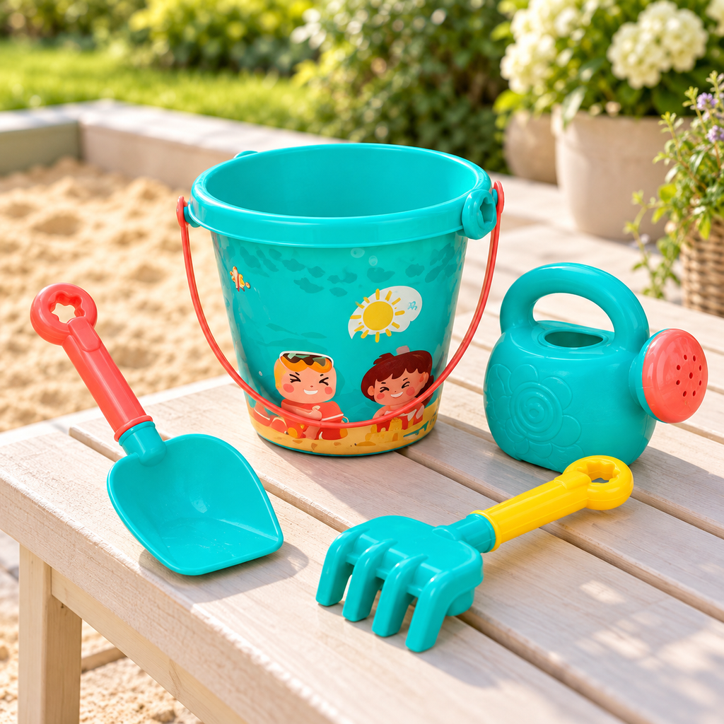 Juego de Playa Infantil con cubeta en ambiente de hogar — Vendalia. La fotografía muestra una selección de accesorios del juego de playa.