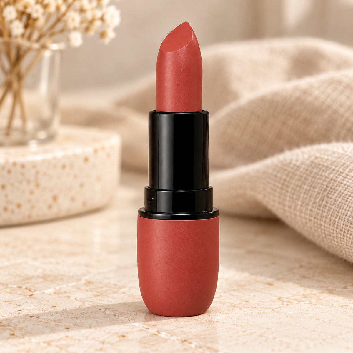 Labial Mate tono terracota con Aroma a Chocolate en ambiente de hogar — Vendalia