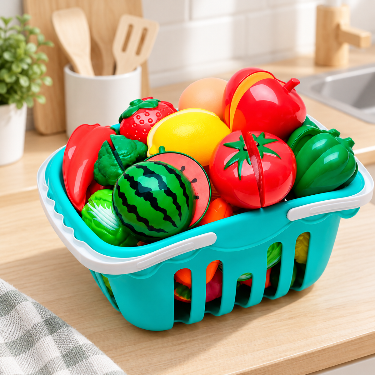 Set de Verduras de Juguete con Canasta en ambiente de hogar — Vendalia