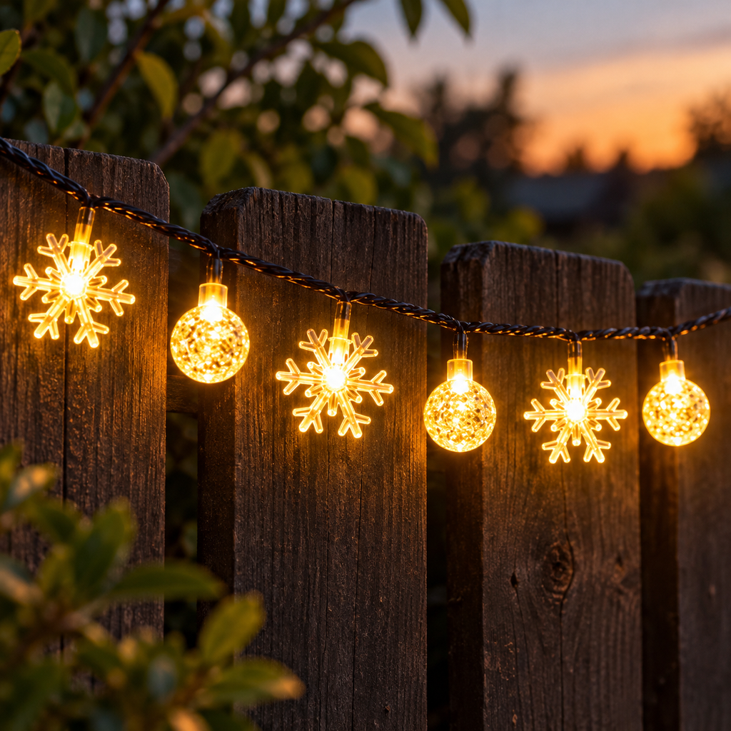 Luces Solares Decorativas con Copos en ambiente de hogar — Vendalia. Fotografía de detalle de un tramo de la serie solar con copos y esferas; no muestra la serie completa.
