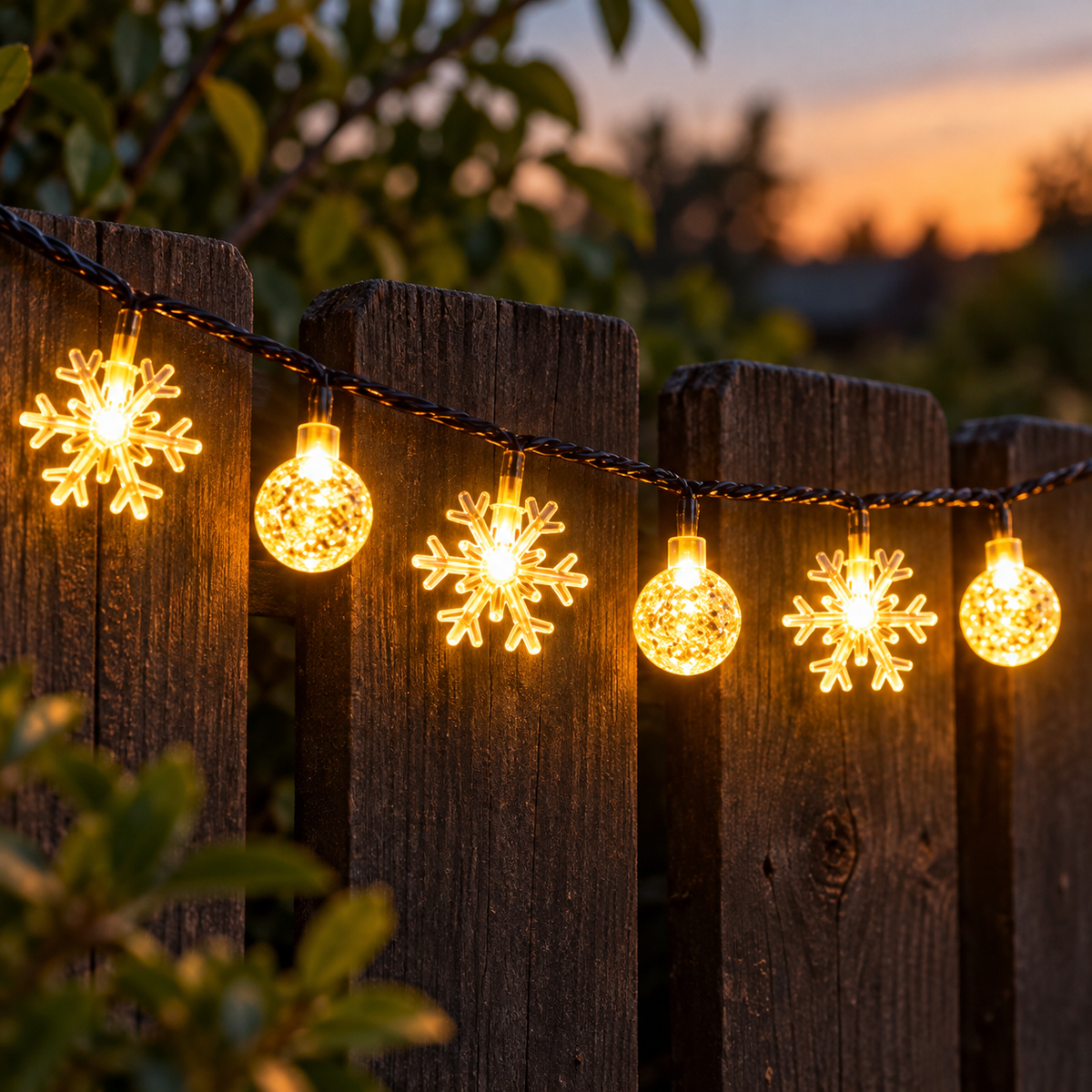 Luces Solares Decorativas con Copos en ambiente de hogar — Vendalia. Fotografía de detalle de un tramo de la serie solar con copos y esferas; no muestra la serie completa.