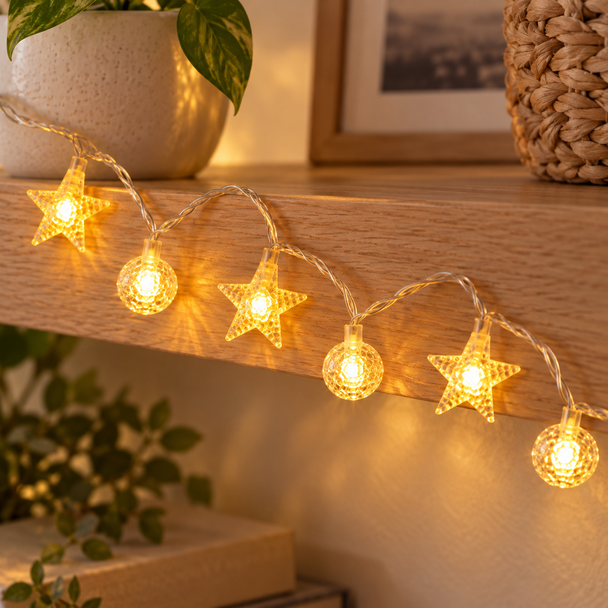 Luces Decorativas LED en Forma de Estrella en ambiente de hogar — Vendalia. Fotografía de detalle de un tramo de la serie; incluye 20 luces en 3 metros (10 estrellas y 10 bolitas). Los objetos decorativos del ambiente no están incluidos.
