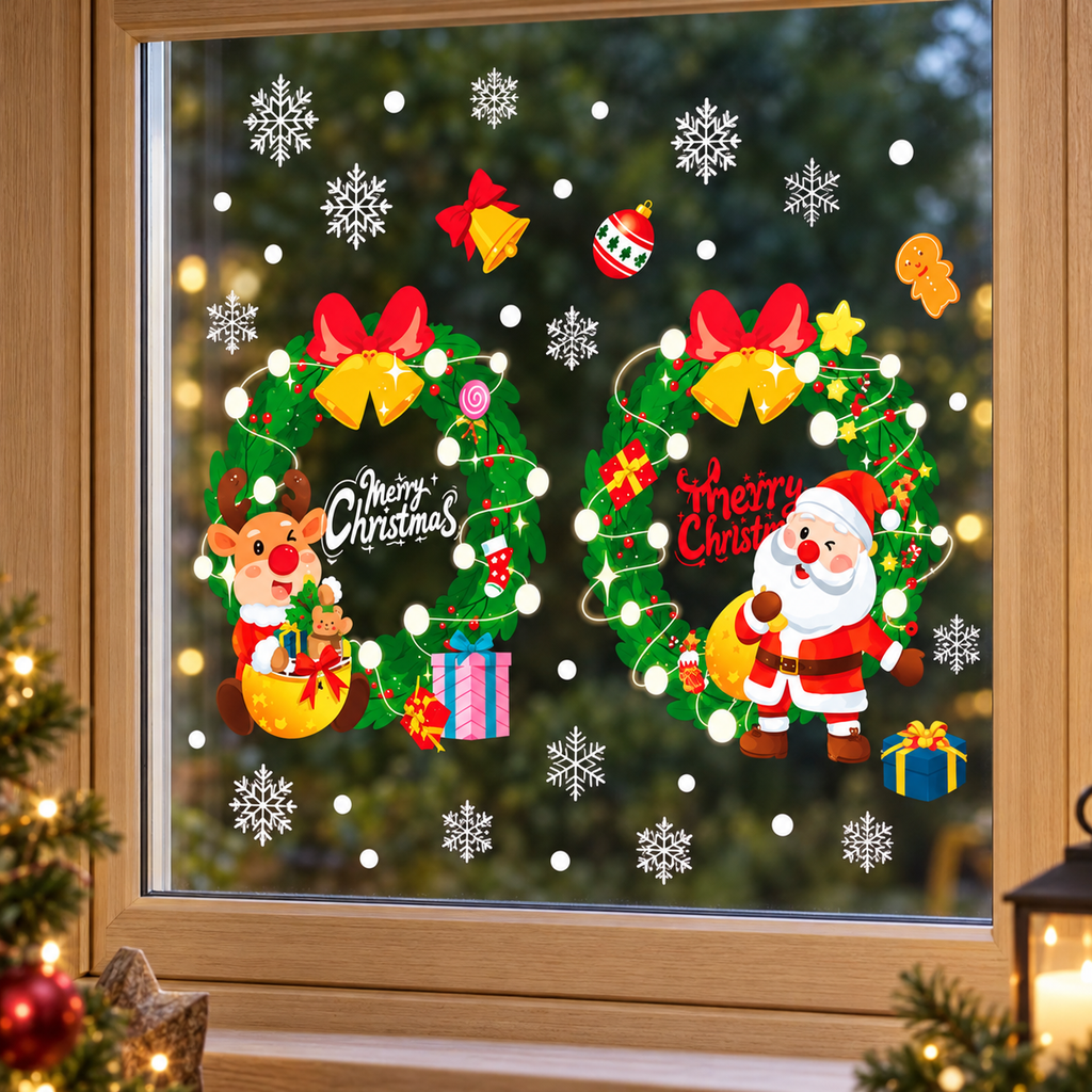 Vinil Navideños con Coronas y Santa · fotografía ambientada de Vendalia · SKU 51450