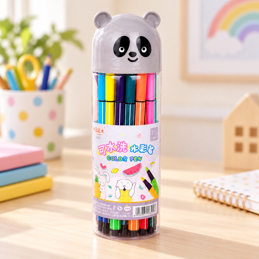Plumones Lavables de Colores para Niños en ambiente de hogar — Vendalia. La fotografía muestra un ejemplo de estuche. El diseño y color de la tapa se envían al azar según disponibilidad del proveedor.
