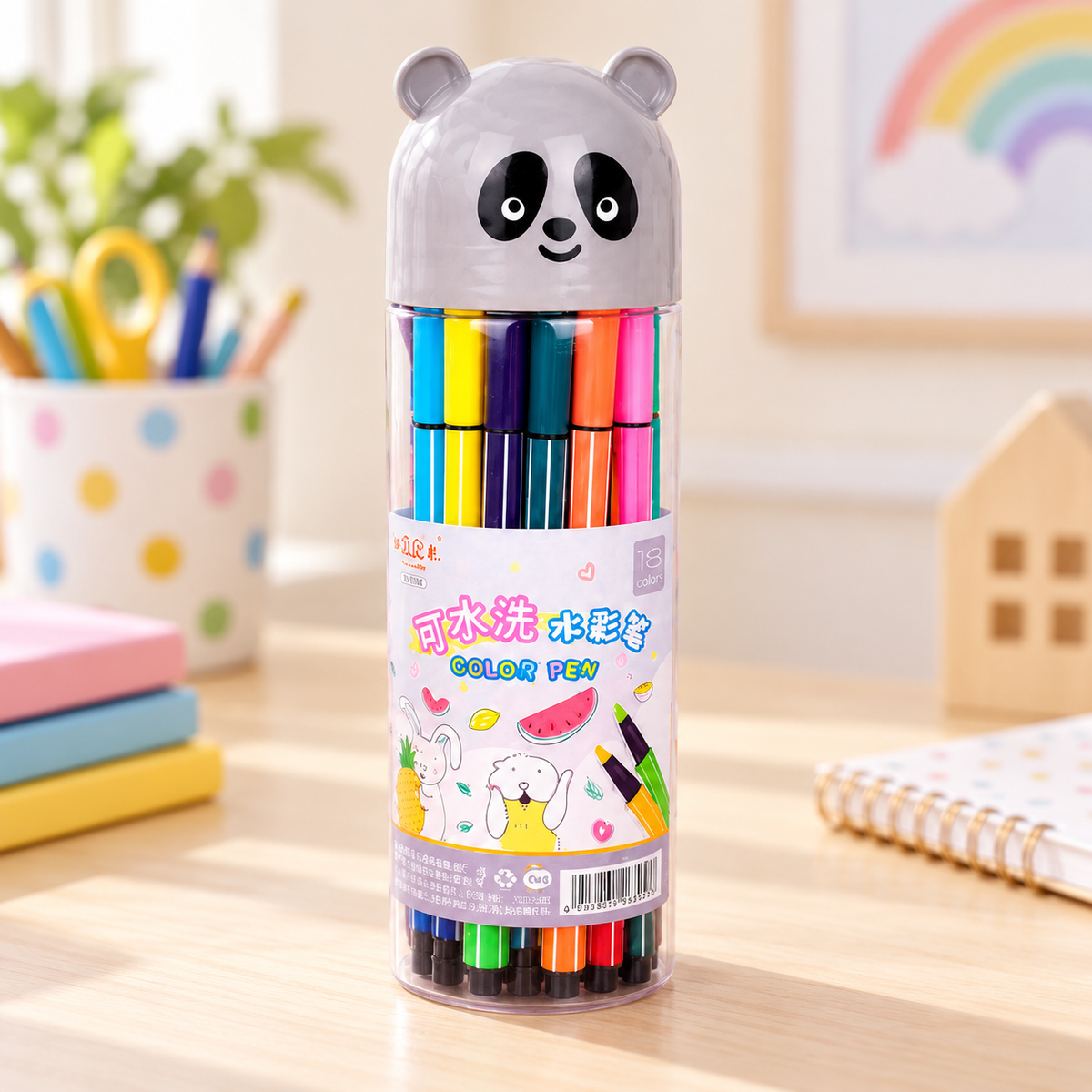 Plumones Lavables de Colores para Niños en ambiente de hogar — Vendalia. La fotografía muestra un ejemplo de estuche. El diseño y color de la tapa se envían al azar según disponibilidad del proveedor.
