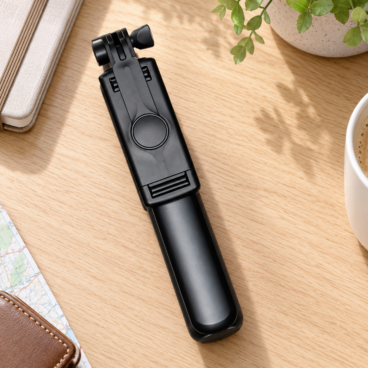 Palo selfie con trípode y control Bluetooth en ambiente de hogar — Vendalia. La fotografía muestra el soporte en posición plegada.