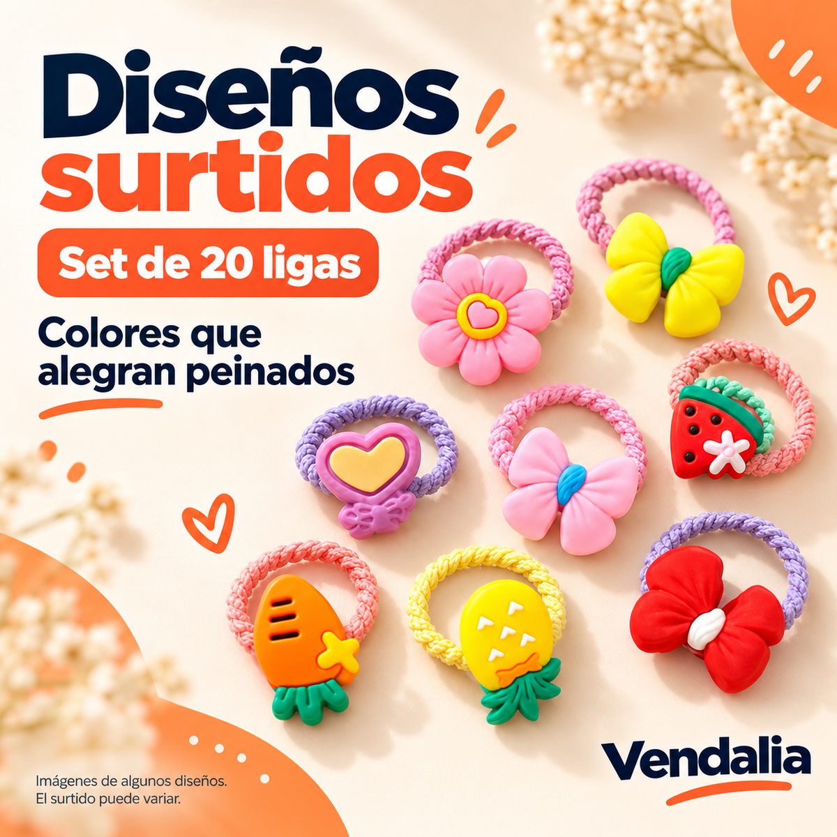 Set de Ligas y Accesorios para el Cabello — presentación Vendalia. Muestra de diseños; el surtido puede variar.