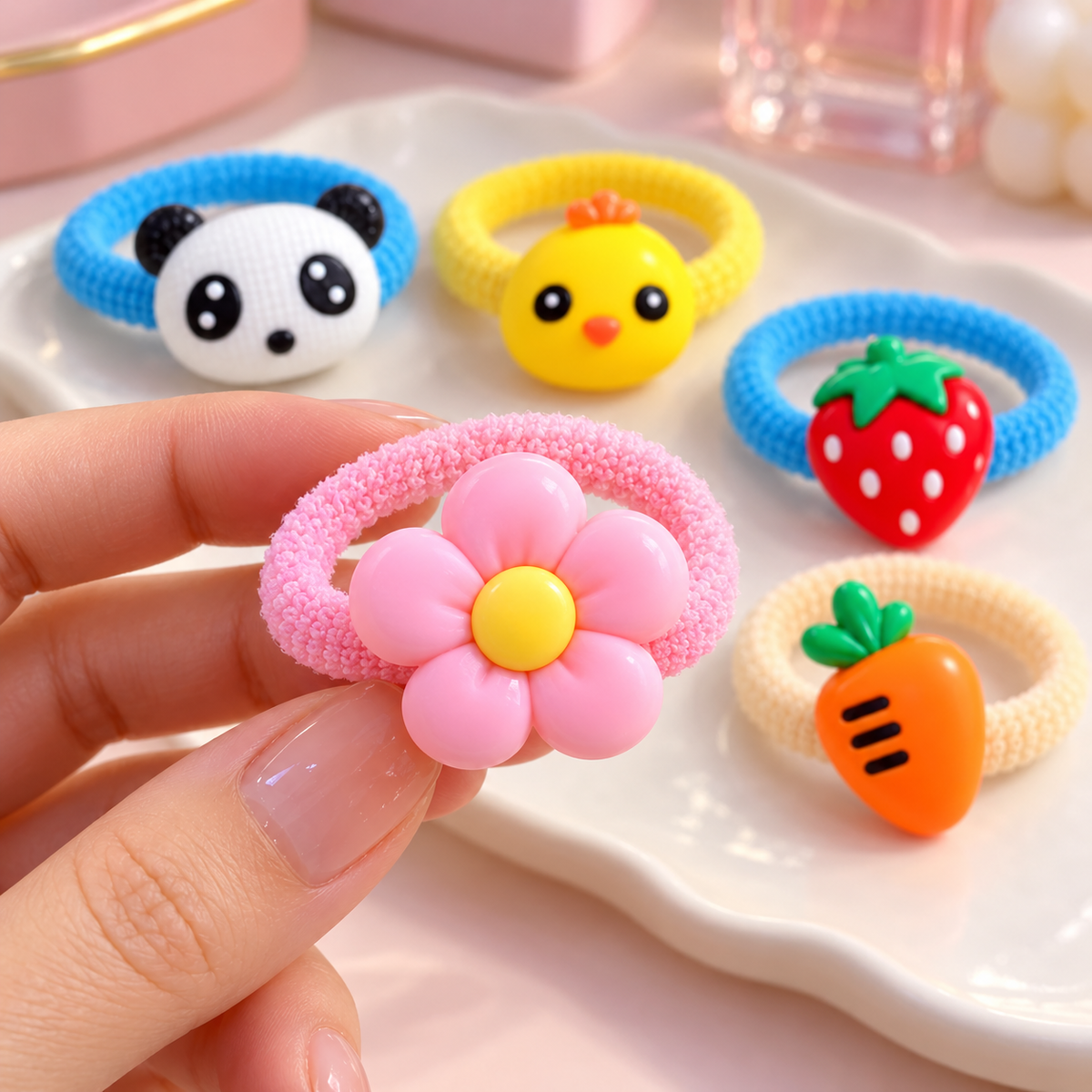 Set de ligas para cabello con figuras — Vista de detalle. Selección ilustrativa · Diseños surtidos