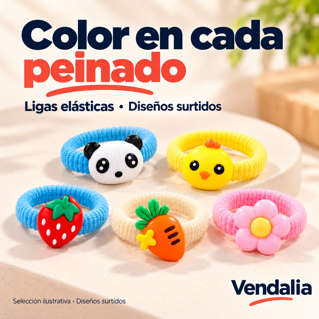 Set de ligas para cabello con figuras — Vendalia. Selección ilustrativa · Diseños surtidos