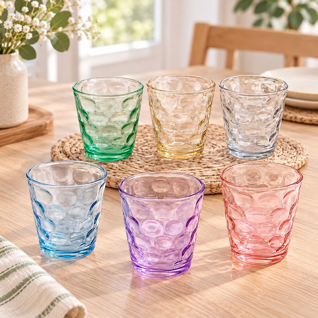 Set de vasos de vidrio coloridos en ambiente de hogar — Vendalia