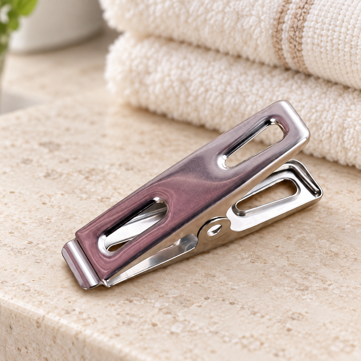 Pinzas Metálicas Multiusos en ambiente de hogar — Vendalia. La fotografía muestra el detalle de una pinza; la presentación de venta contiene 20 piezas.