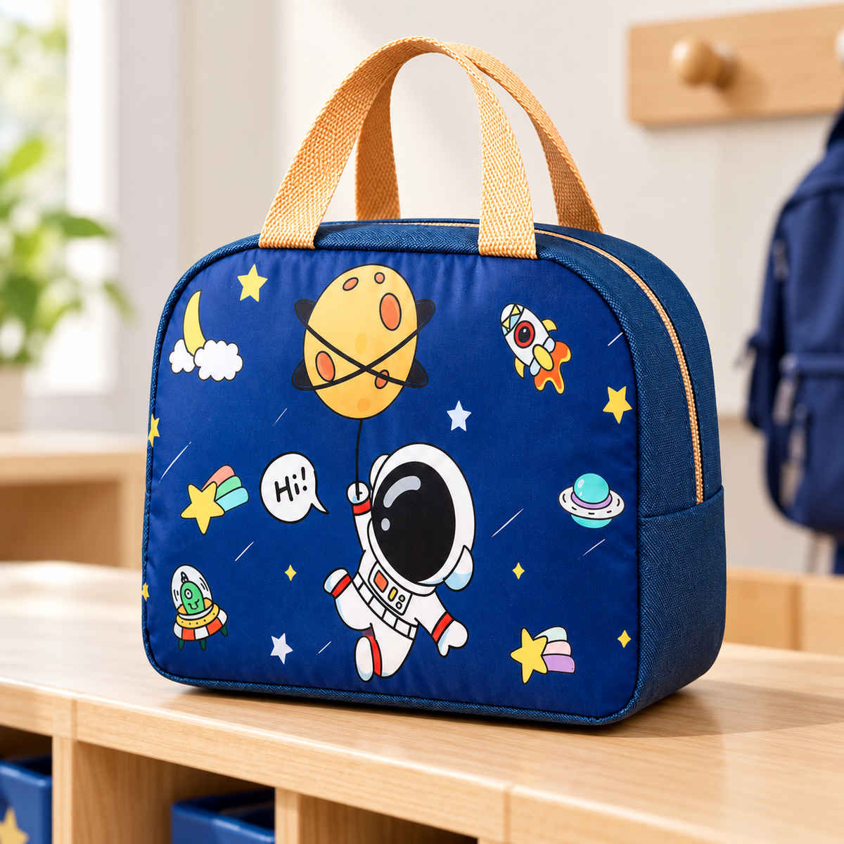 Lonchera infantil astronauta azul en ambiente de hogar — Vendalia. La fotografía muestra un ejemplo con asas amarillas. El color de las asas puede variar según disponibilidad.
