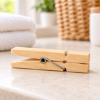 Pinzas de bambú natural 20 Pinzas en ambiente de hogar — Vendalia. La fotografía muestra el detalle de una pinza; la presentación de venta contiene 20 pinzas.