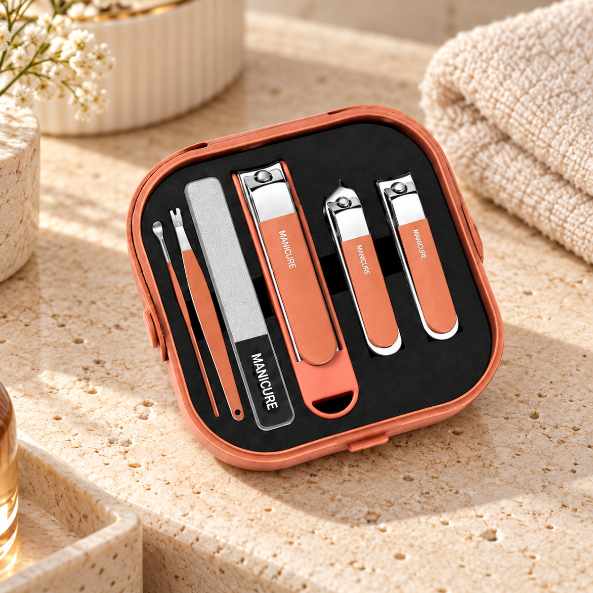 Set de manicura con estuche elegante en ambiente de hogar — Vendalia