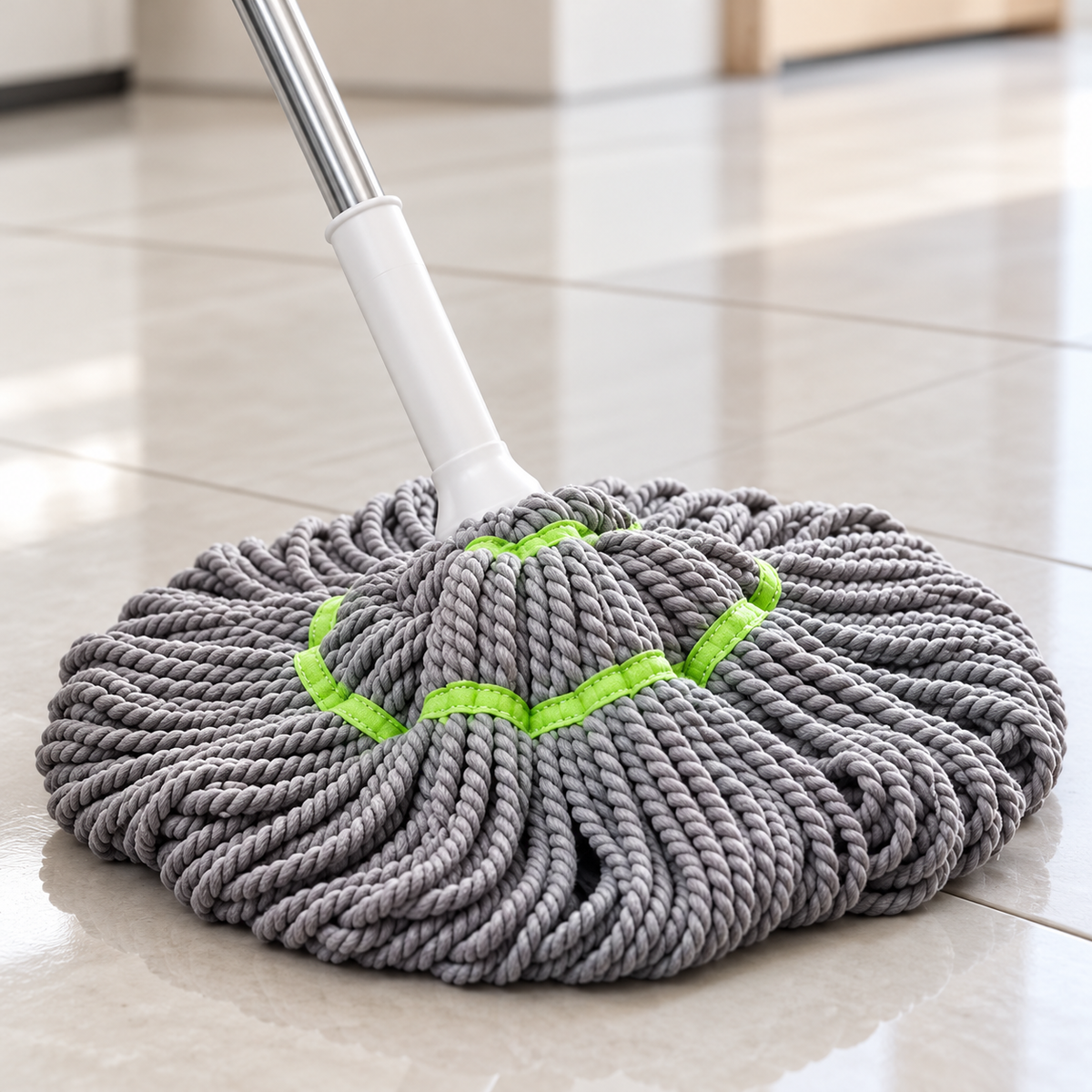 Trapeador de microfibra gris con detalles blancos y verde neón · detalle del producto