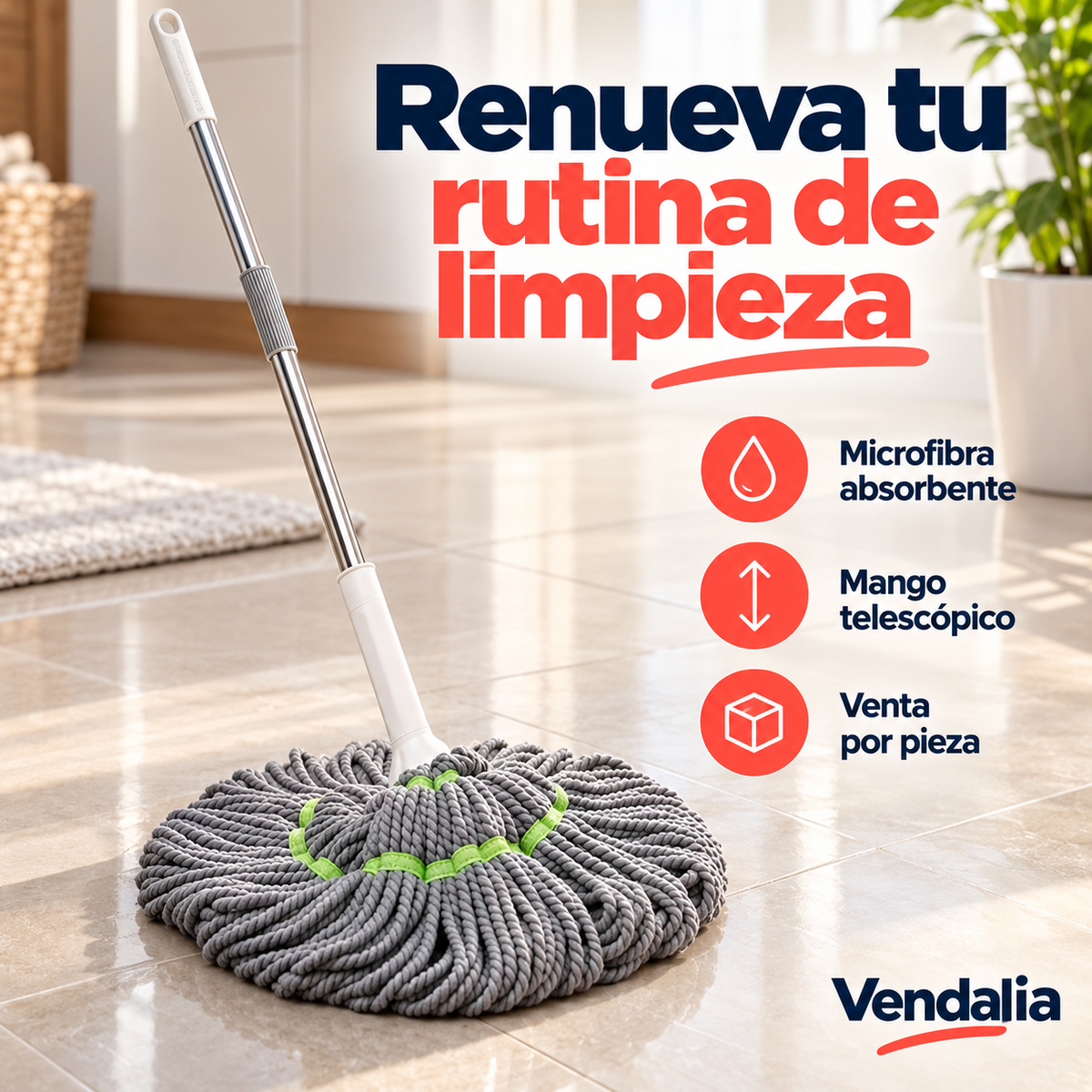 Trapeador de microfibra gris con detalles blancos y verde neón · portada Vendalia