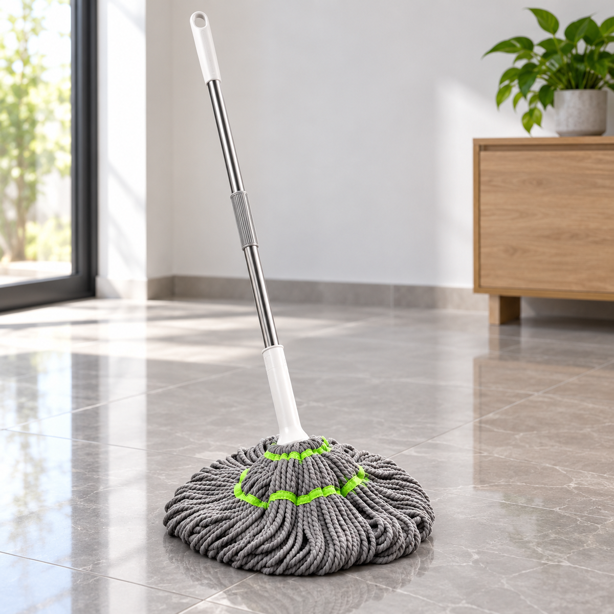 Trapeador de microfibra gris con detalles blancos y verde neón · vista completa