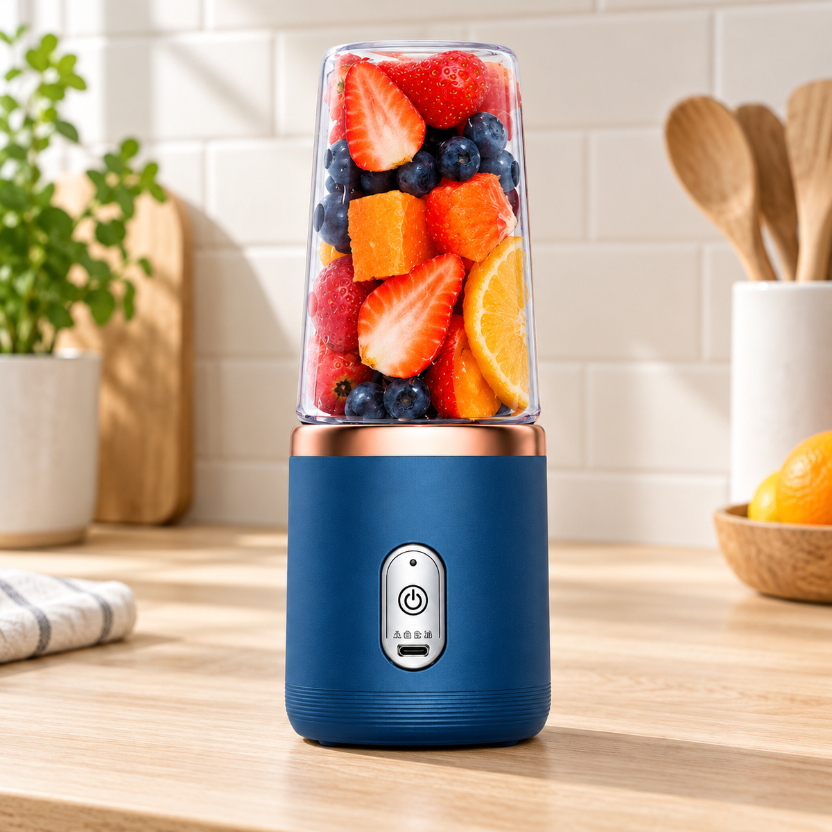 Licuadora Portátil Recargable en ambiente de hogar — Vendalia. La fotografía muestra la licuadora en un ambiente de uso; frutas y accesorios decorativos no incluidos.
