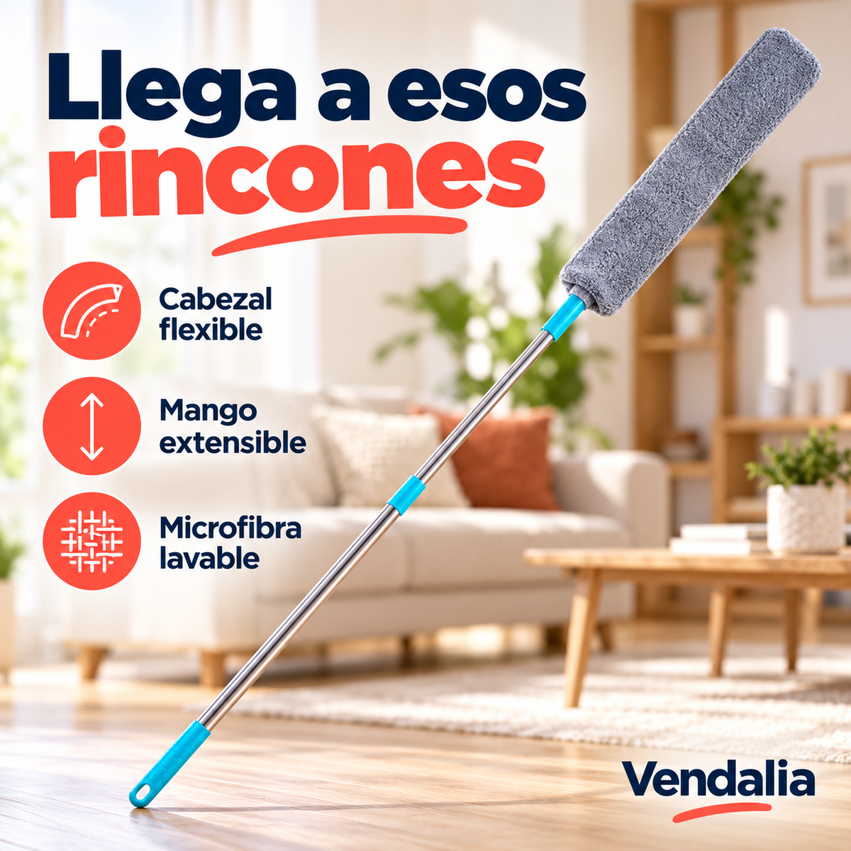 Plumero gris flexible con mango extensible y detalles azules — Vendalia