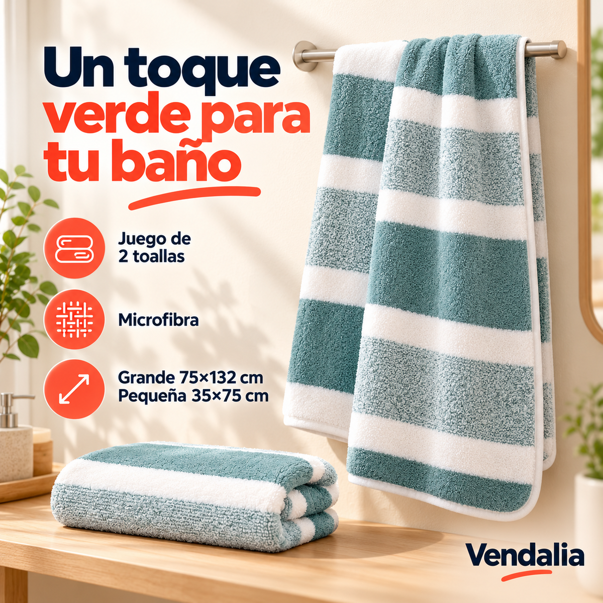 Toallas rayadas de microfibra para baño y manos · 2 piezas — verde — presentación Vendalia