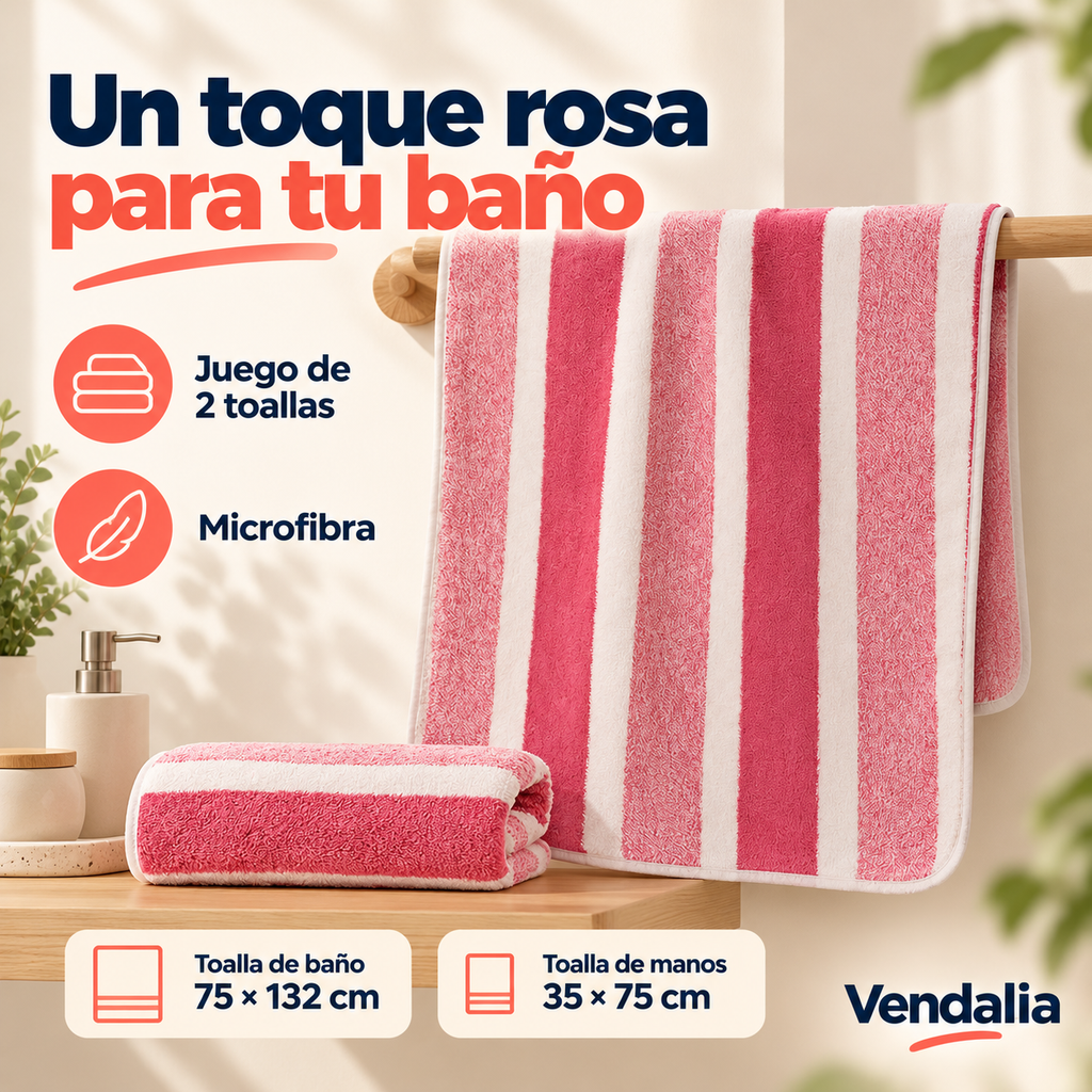 Toallas rayadas de microfibra para baño y manos · 2 piezas — rosa — presentación Vendalia
