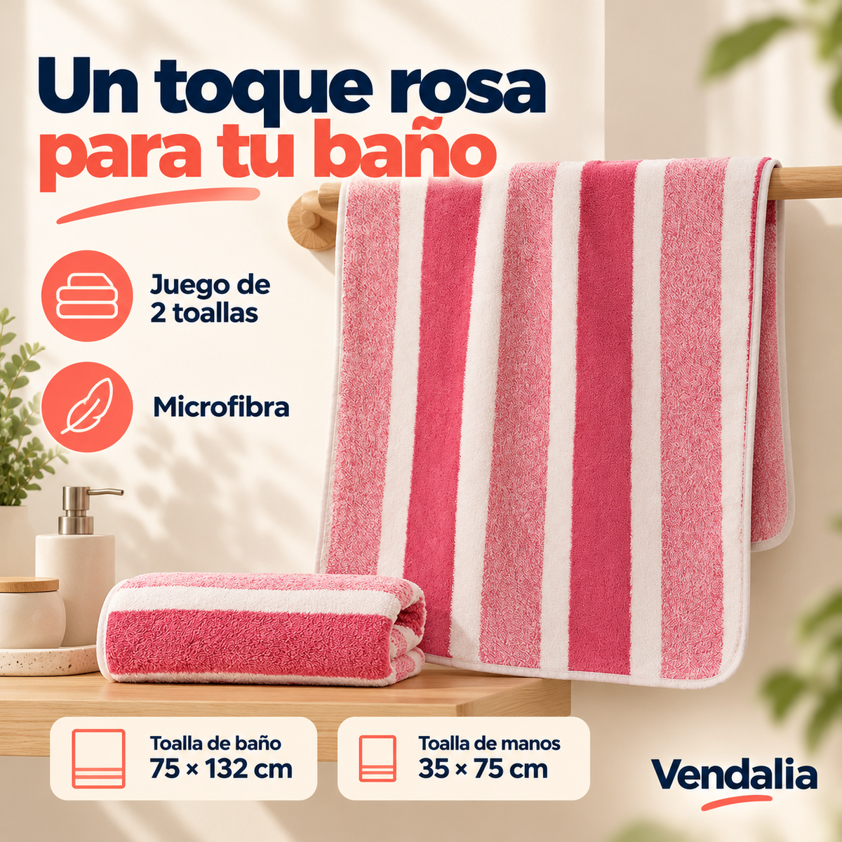 Toallas rayadas de microfibra para baño y manos · 2 piezas — rosa — presentación Vendalia