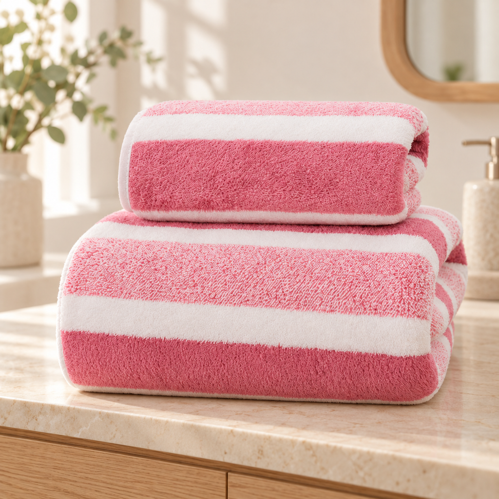 Toallas Rayadas para Baño y Manos Rosa · fotografía ambientada de Vendalia · SKU 52055