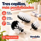 Kit de tres cepillos blancos y negros para taladro; taladro no incluido — Presentación Vendalia