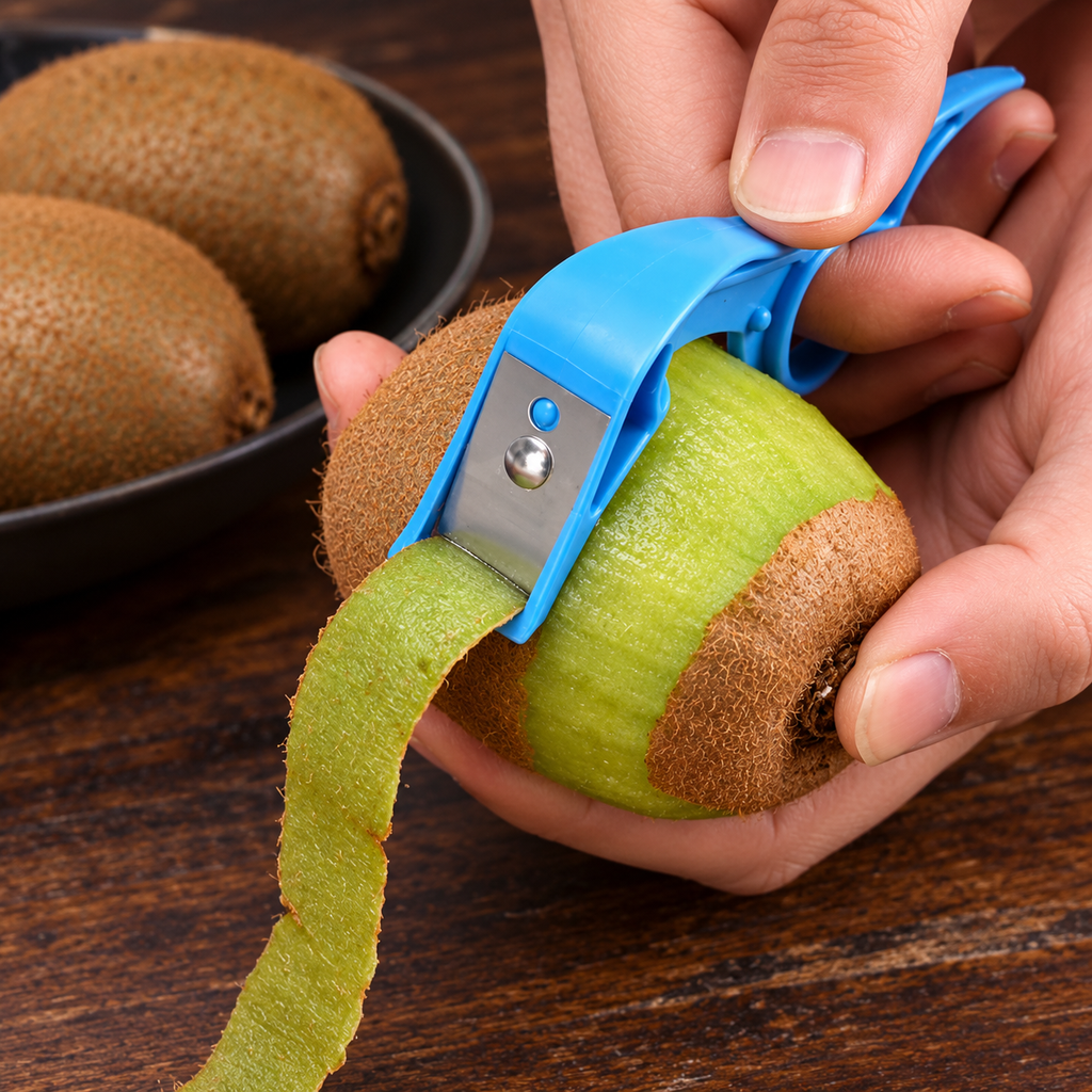 Pelador azul con anillo para el dedo — demostración con kiwi; fruta no incluida
