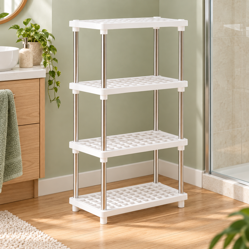 Estante organizador plástico, 4 niveles. en ambiente de hogar — Vendalia