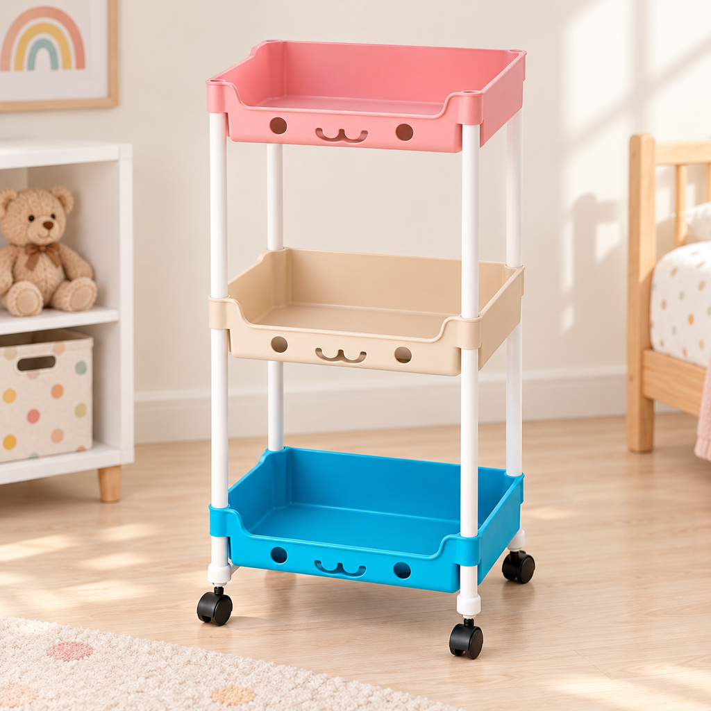 Carrito organizador de plástico, 3 niveles, con ruedas — fotografía ambientada del producto