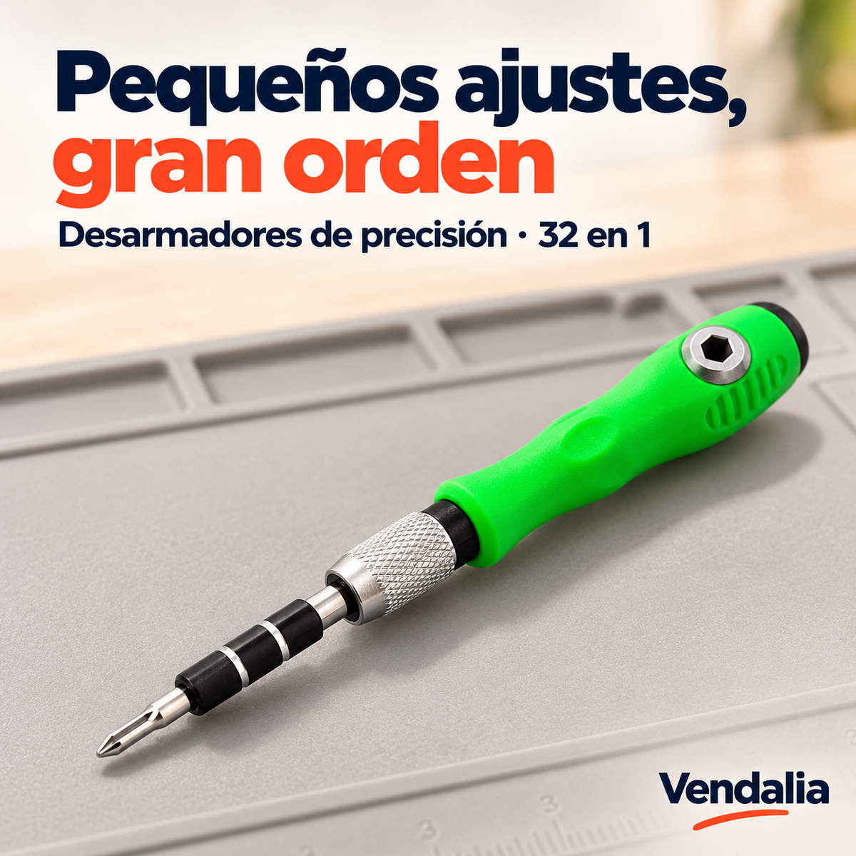 Juego de desarmadores de precisión con mango verde — presentación Vendalia
