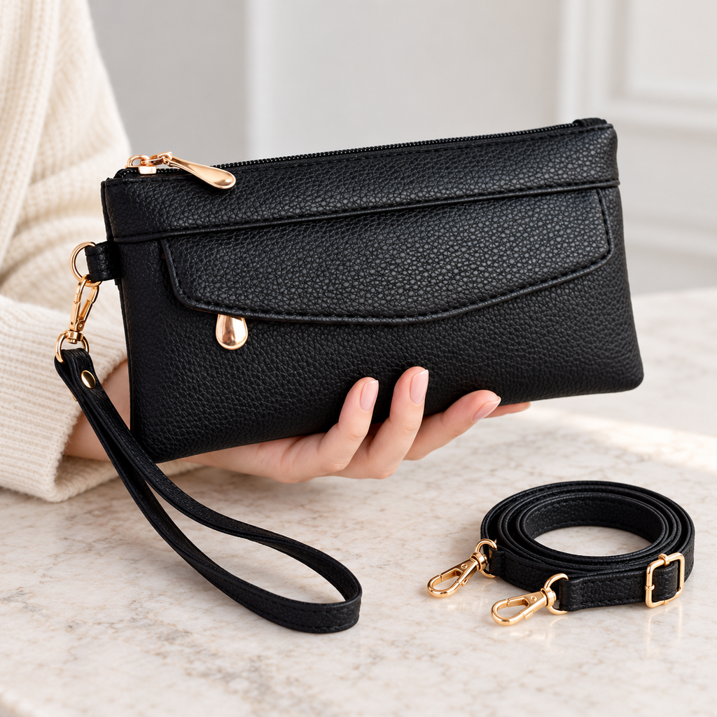 Bolso cartera negro con correa desmontable — vista de uso y detalle