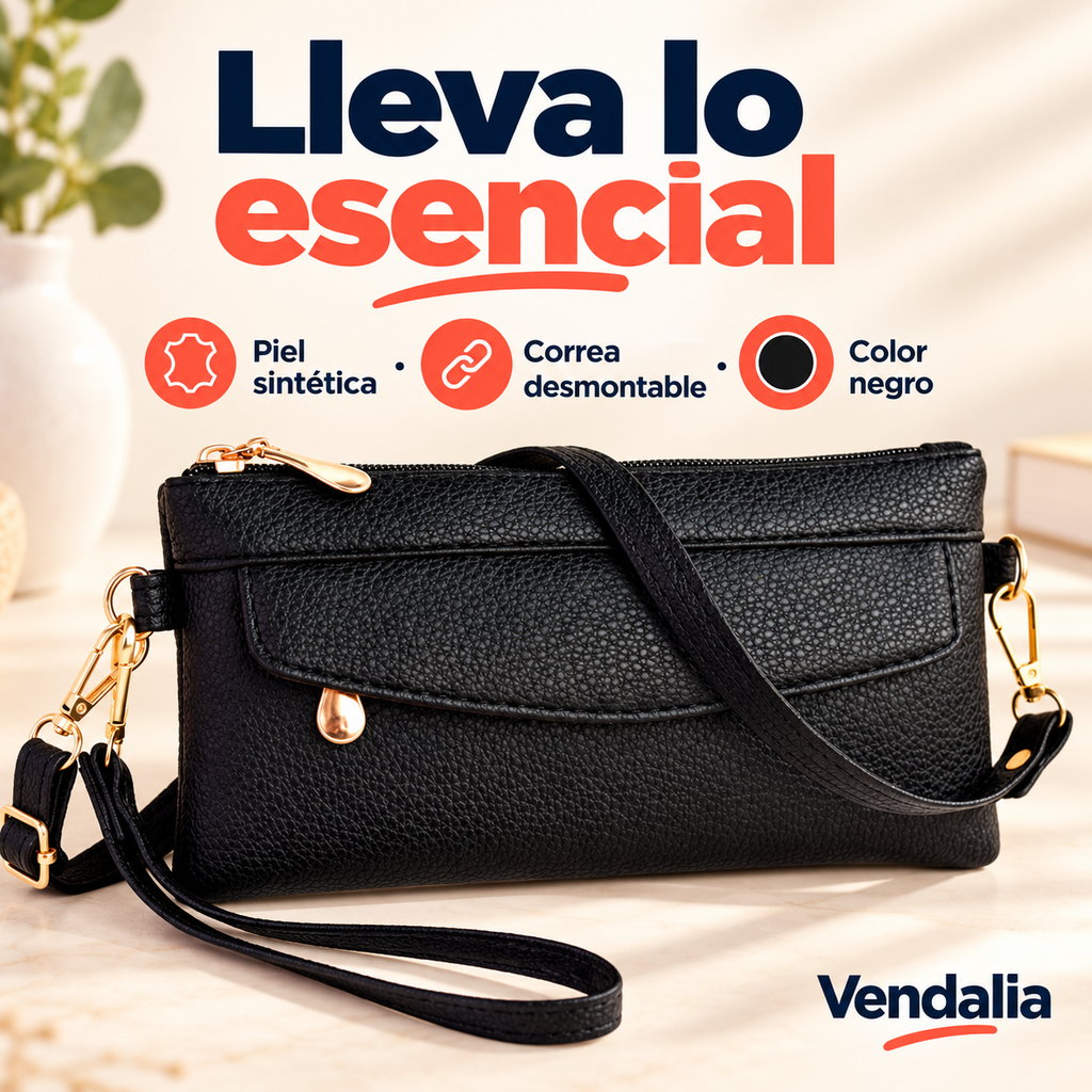 Bolso cartera negro con correa desmontable — presentación Vendalia