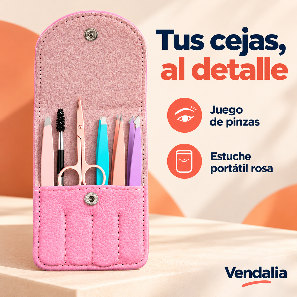Juego de pinzas para cejas portátil rosa — presentación Vendalia
