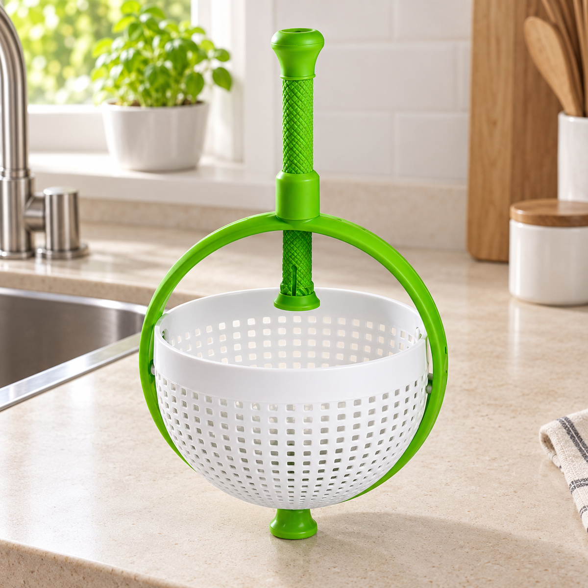 Centrífuga Manual para Secar Verduras con Colador Verde en ambiente de hogar — Vendalia