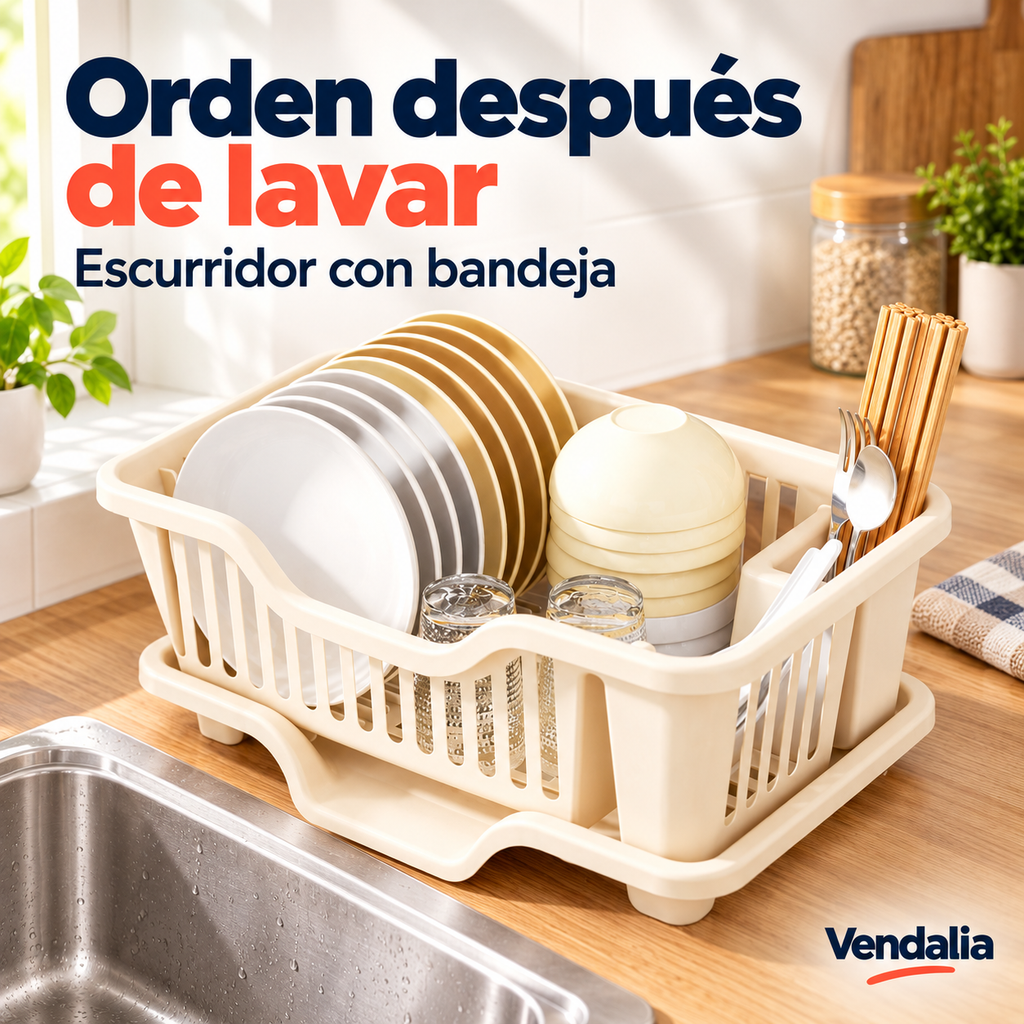 Escurridor color hueso con bandeja y espacio para cubiertos.