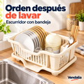 Escurridor color hueso con bandeja y espacio para cubiertos.