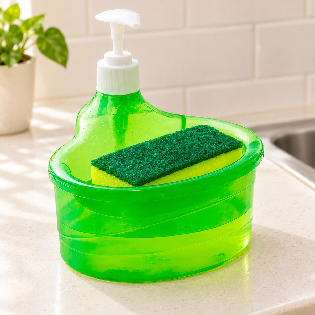 Dispensador de jabón con esponja en ambiente de hogar — Vendalia