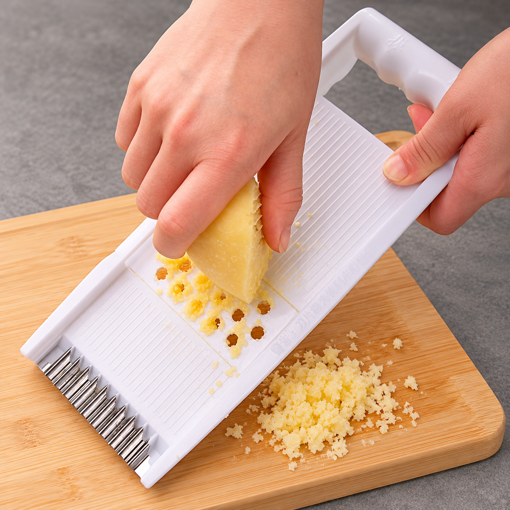 Detalle del rallador blanco en uso con queso.