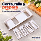 Rallador blanco y cuatro cuchillas intercambiables sobre una encimera clara.