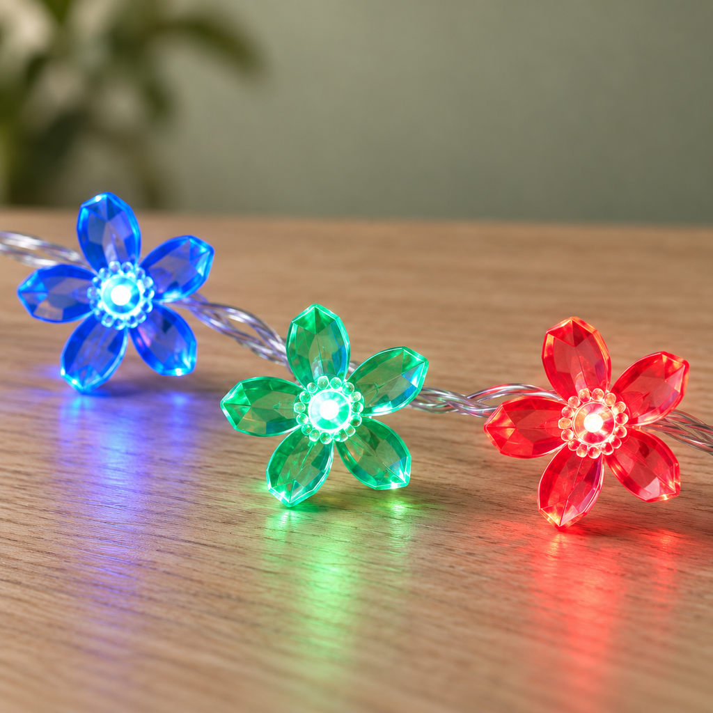 Serie de Luces LED con Flores Multicolor en ambiente de hogar — Vendalia