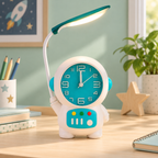 Reloj despertador infantil con lámpara LED — Blanco con azul turquesa — SKU 52683