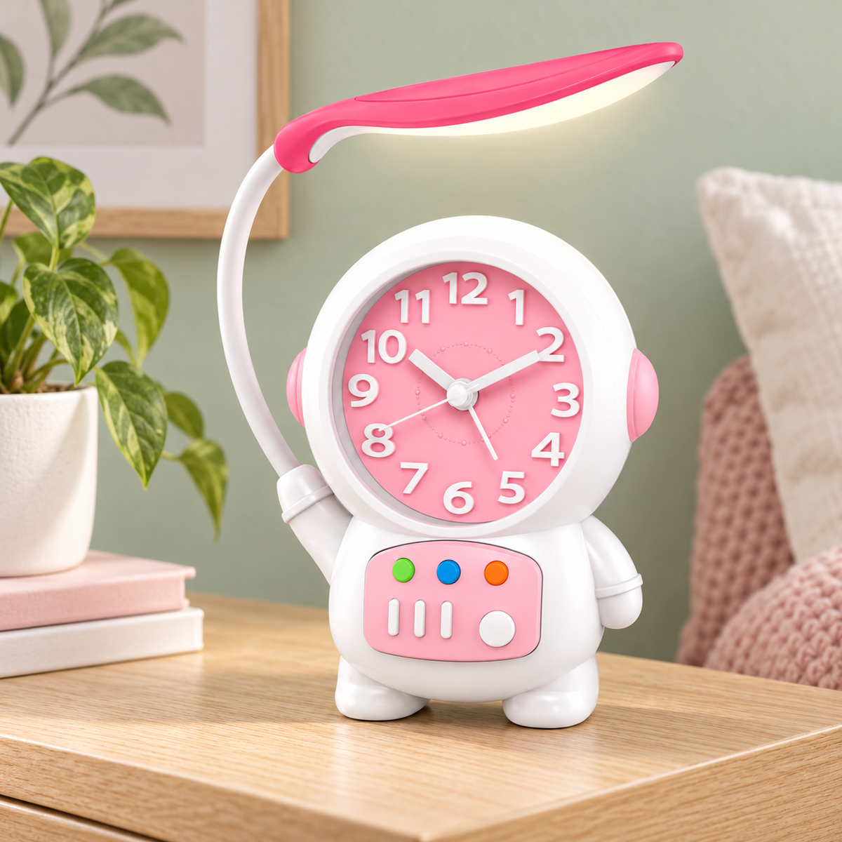 Reloj Despertador con Lámpara LED rosa en ambiente de hogar — Vendalia