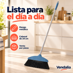 Escoba doméstica azul y negra con mango metálico — Presentación Vendalia