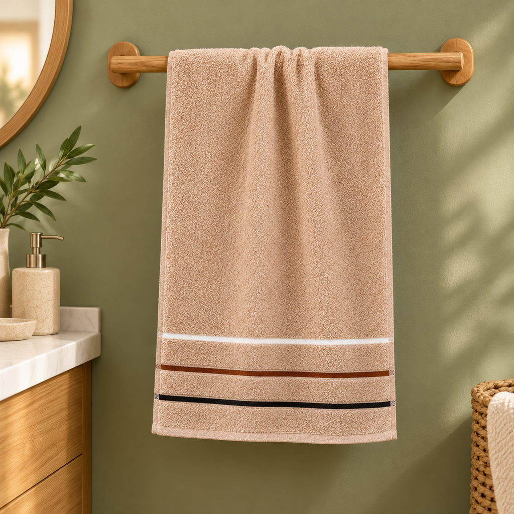 Toalla de Algodón Tipo Spa Ultra Absorbente Café · fotografía ambientada de Vendalia · SKU 52743
