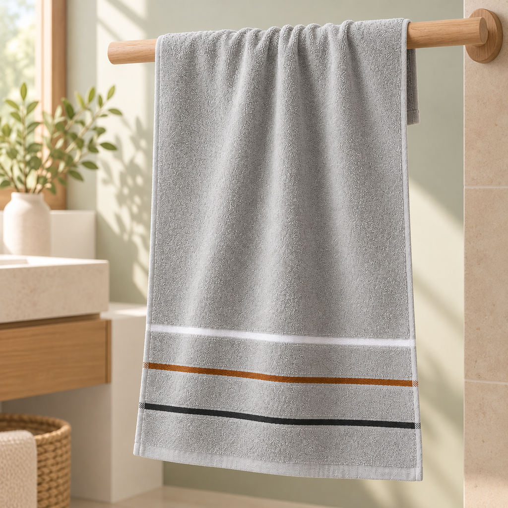 Toalla de Microfibra Tipo Spa Ultra Absorbente Gris · fotografía ambientada de Vendalia · SKU 52744