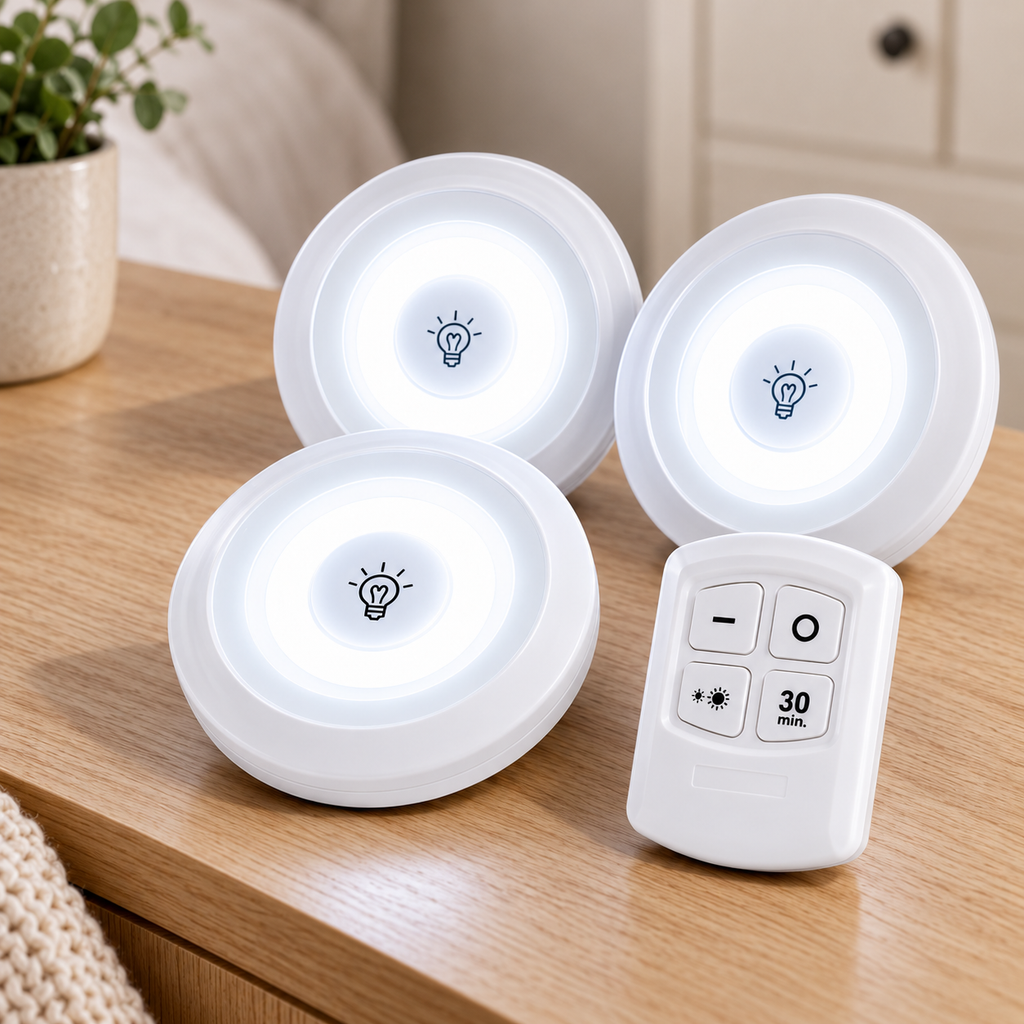 Set de 3 Luces LED blanca Inalámbricas con Control Remoto en ambiente de hogar — Vendalia