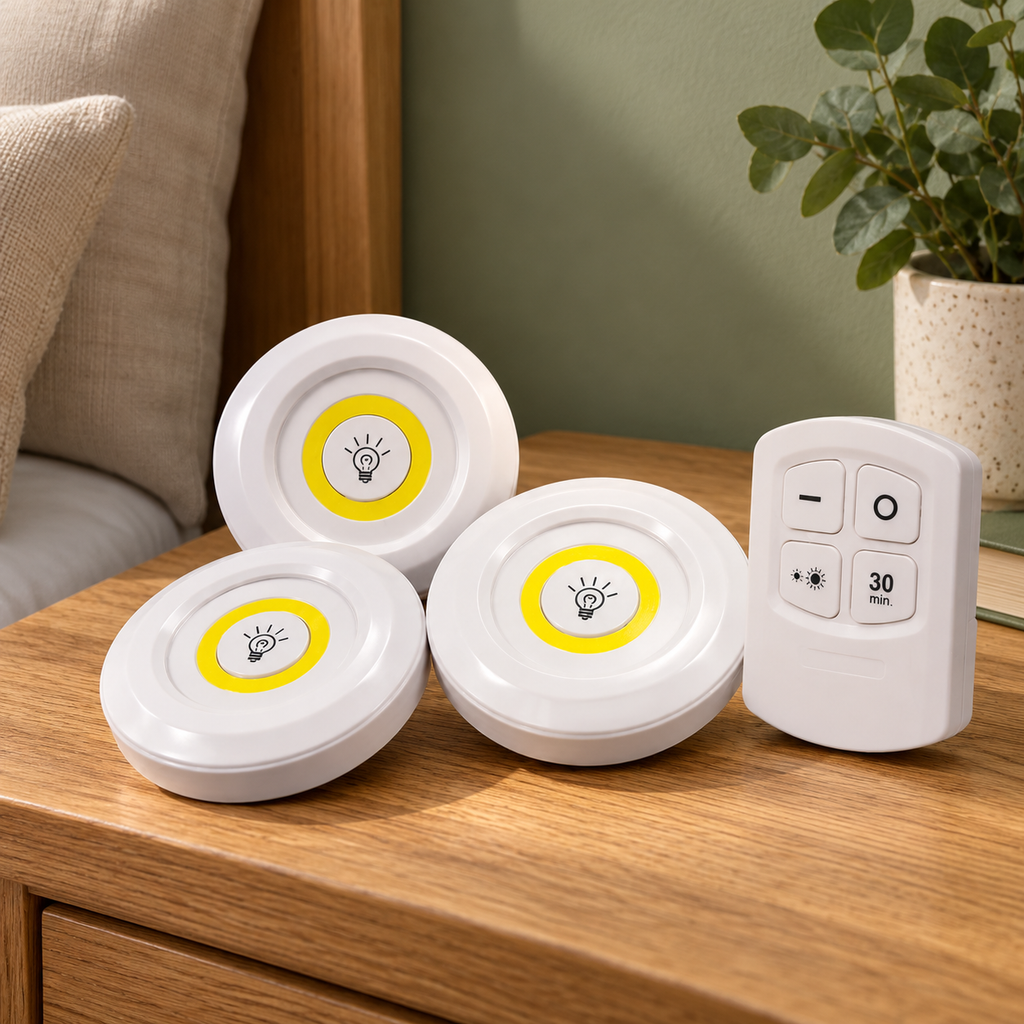 Set de 3 Luces LED cálida Inalámbricas con Control Remoto en ambiente de hogar — Vendalia