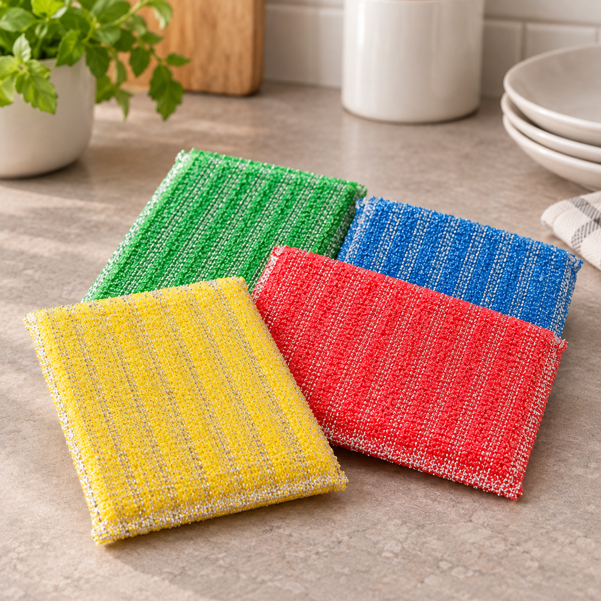 Esponjas Multiusos de Limpieza con Fibra Abrasiva · Paquete de 4 piezas en ambiente de hogar — Vendalia